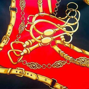 Vintage MOSI Red and Black Equestrian/ Chain Design Satin Scarf